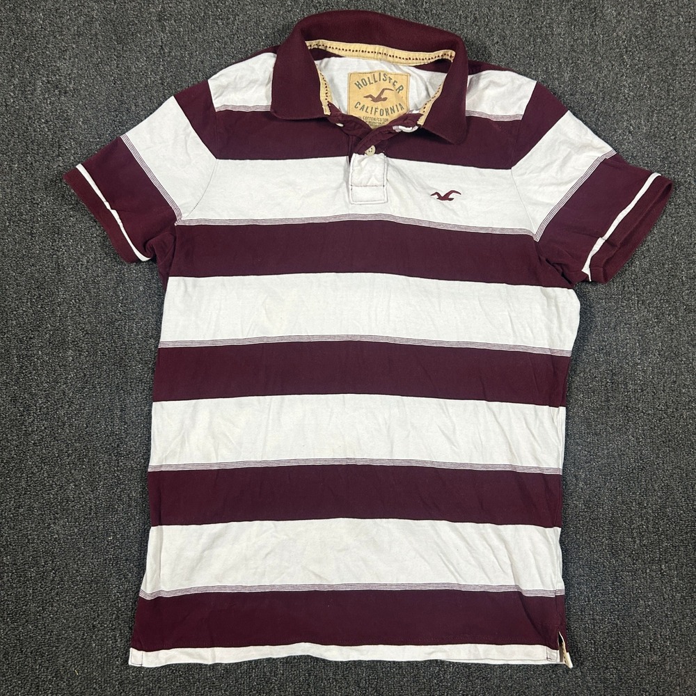Hollister Polo Shirt Mens XL Burgundy White Striped Short Sleeve Cotton Exc